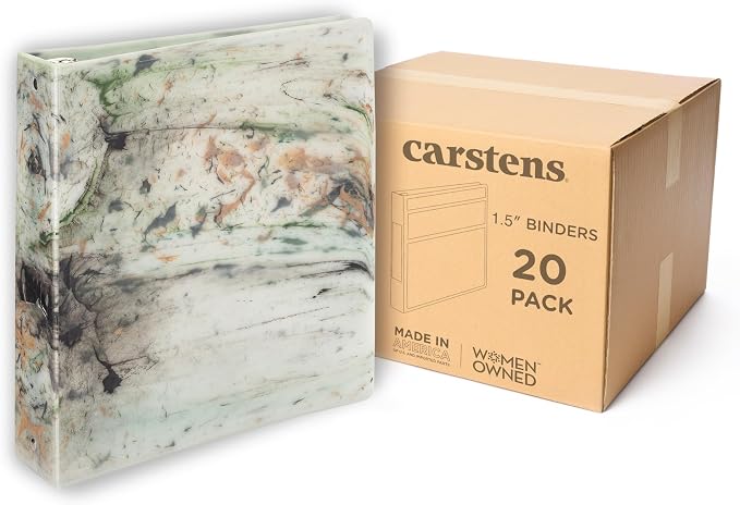 Carstens Limited Edition 1.5-Inch Green Marble Heavy Duty 3-Ring Binder – Side Opening, Waterproof, Durable Plastic, No-Gap Rings, Holds 250 Sheets, BPA-Free, Made in USA (2053-3R), Case of 20