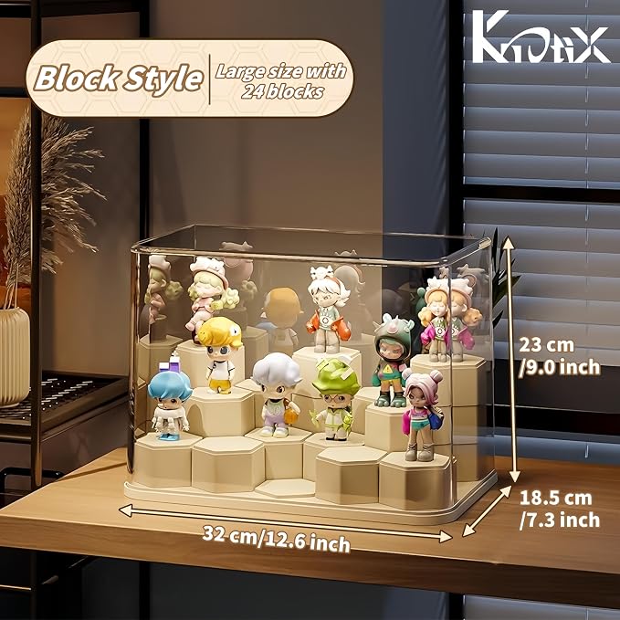 DIY Stackable Transparent Display Case for Figures, Dustproof Acrylic Display Boxes with 24 Movable Hexagonal Blocks, Large Capacity for Pop Mart, Lego, Collectibles (Cream)