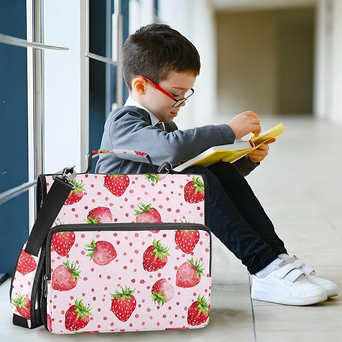 Strawberry Polka Dot Red Zipper Binder with Shoulder Strap Bag 3 Ring Binder Organizer Large Capacity Multiple Compartments for School Office