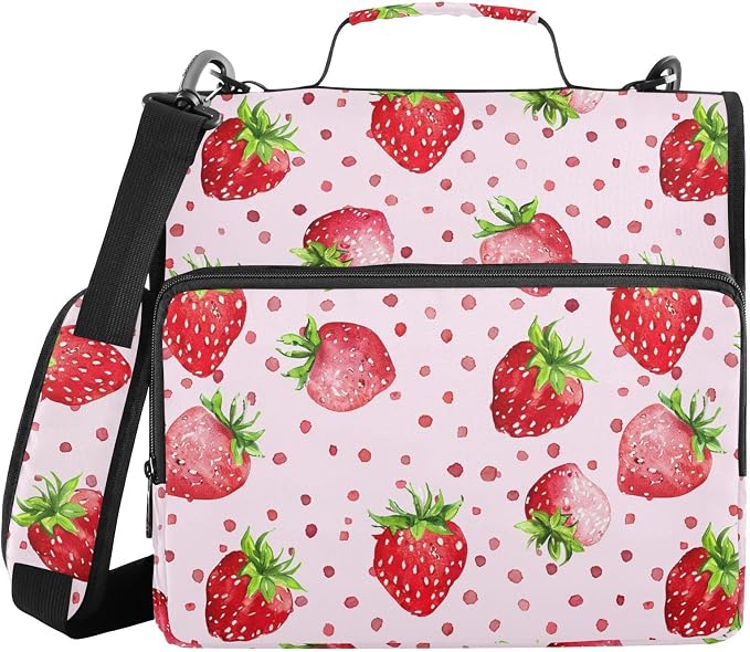 Strawberry Polka Dot Red Zipper Binder with Shoulder Strap Bag 3 Ring Binder Organizer Large Capacity Multiple Compartments for School Office