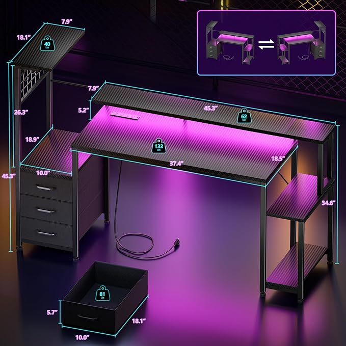 Korfile 55 Inch Gaming Desk with Bluetooth LED Lights & Power Outlets,Computer Desk with Fabric Drawers & Hooks,Reversible Gamer Table with Monitor Stand for Game Room,Home Office,Carbon Fiber Black | Reversible，Computer Desk, Gamer Table, Bluetooth LE...