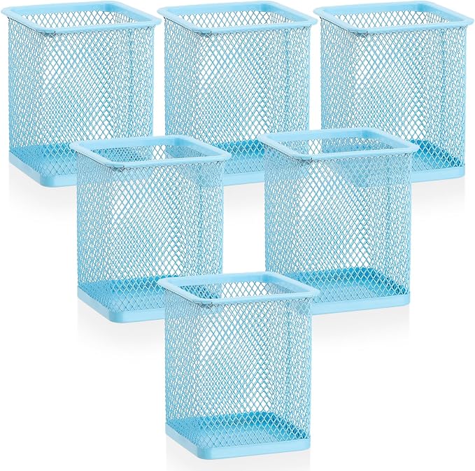 Segarty Pencil Holder, 6 Pack Square Light Blue Pen Holder for Desk, Mesh Pencils Cup Container Marker Organizer Set for Office Supply, School Classroom, Home Desktop Storage and Organization