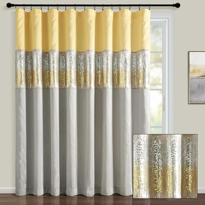 Lush Decor Night Sky Window Curtain Panel, Single 100"W x 84"L Yellow & Gray - Sequin Backdrop Curtain - Extra Wide Curtains - Sliding Door Curtain