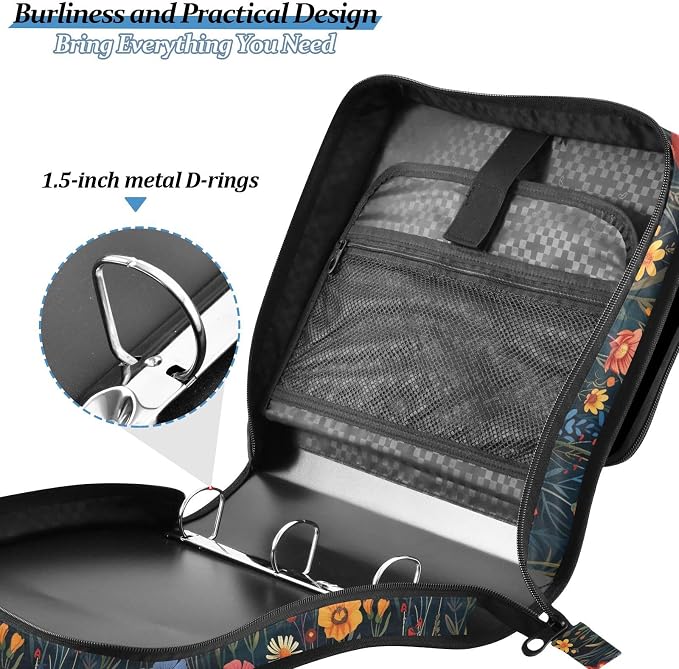Vibrant Wildflowers Colorful Zipper Binder with Shoulder Strap Bag 3 Ring Binder Organizer Large Capacity Multiple Compartments for School Office