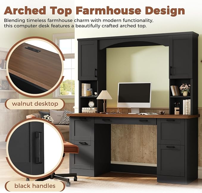 Merax Farmhouse Arched 67" Computer Desk with Power Outlets & Keyboard Tray, Wood Executive Home Office Desk with Hutch, Writing Desk with Storage Drawers for Working Study, Black