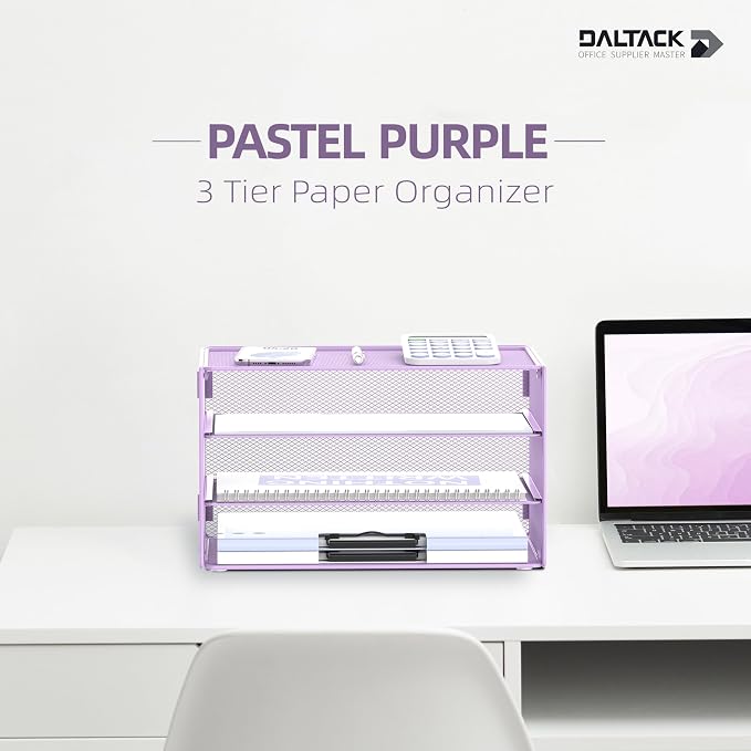 DALTACK 3 Tier Letter Tray Paper Organizer with Sliding Mesh Trays Purple | Metal Mesh File Organizer with Sliding Trays for Letter and A4 Paper, Mail, Bills, Folders and Office Documents