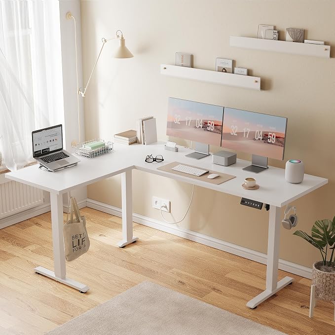 Agilestic L Shaped Standing Desk 63 inch Adjustable Height, Electric Corner Standing Desk, Sit Stand Computer Table with Splice Board, White | Corner Desk, Ample Workspace, Memory Presets, Hooks, Stable Steel Frame,176 lbs Capacity, Easy Assembly, Spli...