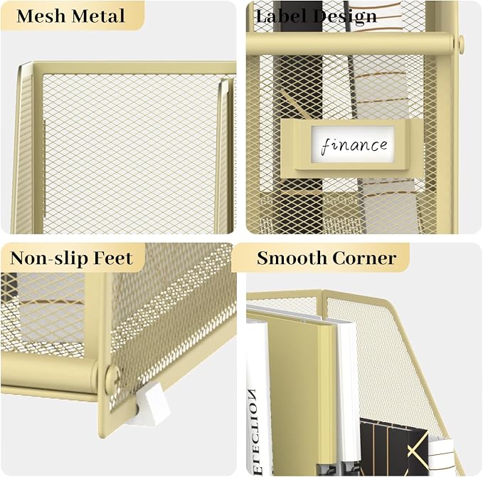 Desk Organizers Metal Desk Magazine File Holder with 5 Vertical Compartments Rack File Organizer for Office Desktop, Classroom, Home Workspace, Golden Yellow, Plus
