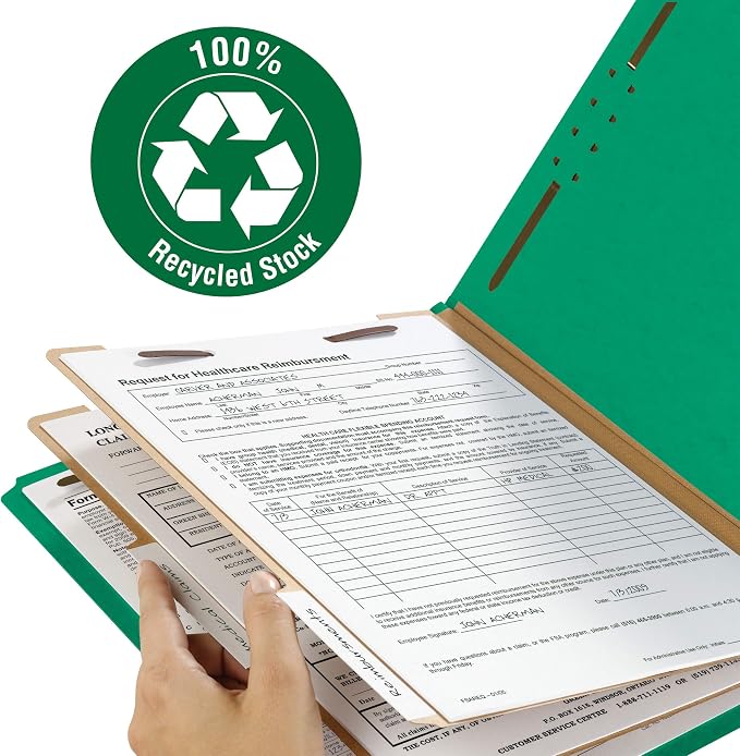 Smead 100% Recycled Pressboard Classification File Folder, 2 Dividers, 2" Expansion, Letter Size, Green, 10 per Box (14063)