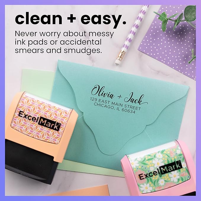 ExcelMark Address Stamp - Custom Return Address Stamp with Elegant Designs, Vibrant Colors & Patterns – Perfect for Mail, Invitations & Gifts (Peach Mount, Signature Script)