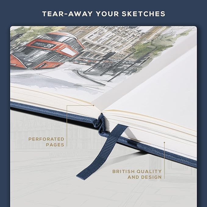 Beechmore Books A3 Sketchbook – 11.7x16.5 Premium Vegan Leather Bound Extra Large Sketch Book Hardcover, 160gsm 160 Perforated Ivory Pages, Blank Sketch Pad, Gift Boxed, Back Pocket, Ribbon Bookmark