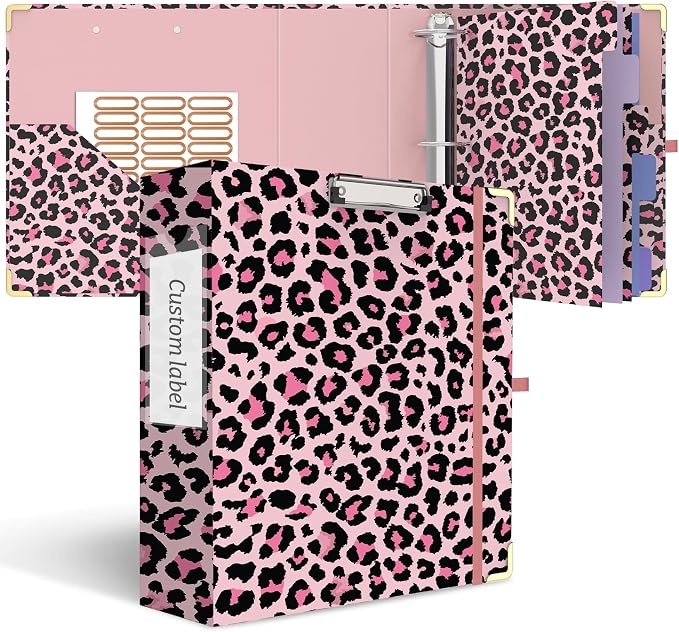 3 Ring Binder 3 Inch, Cute Round Ring Binder with 6 Tab Dividers & Label Stickers, Low Profile Clipboard with Storage, Fashion Binder for School Office Supplies (Pink Leopard)
