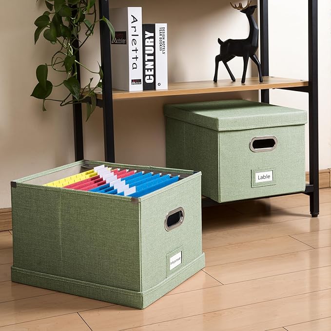 PRANDOM File Organizer Box - Set of 4 Collapsible Decorative Linen Filing Storage Hanging File Folders with Lids Office Cabinet Letter/Legal Size Green 17.1x14x11.1 inch