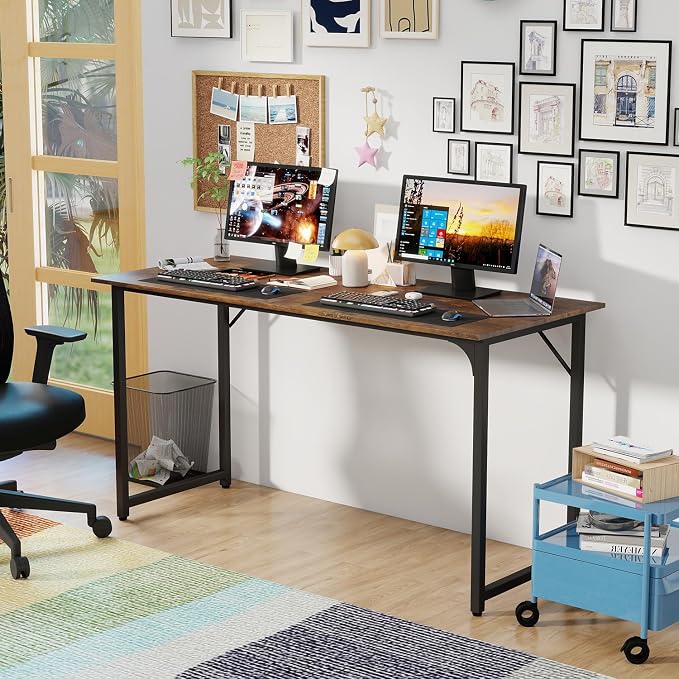 PayLessHere | 55 Inch Computer Desk | Vintage | Office Desk with Metal Frame, Adjustable Feet | Water-Resistant, Scratchproof Surface | Sturdy Writing Table for Home Office or Study | Pack of 1
