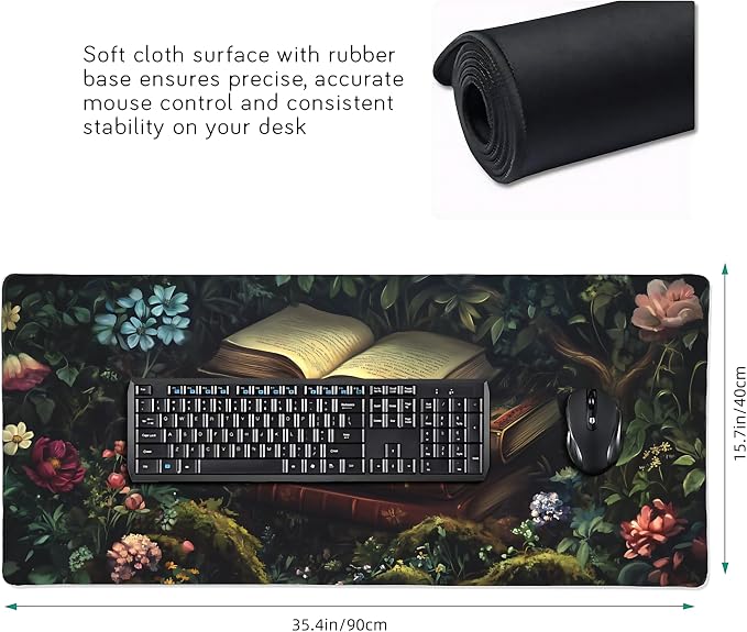 Floral Aesthetic Book Gaming Mouse Pad, Forest Green Moody Forest Desk Mat with Anti-Slip Base & Stitched Edges,35.4" x 15.7" in Desk Accessories for Women, Home Office Decor & Artistic Gift