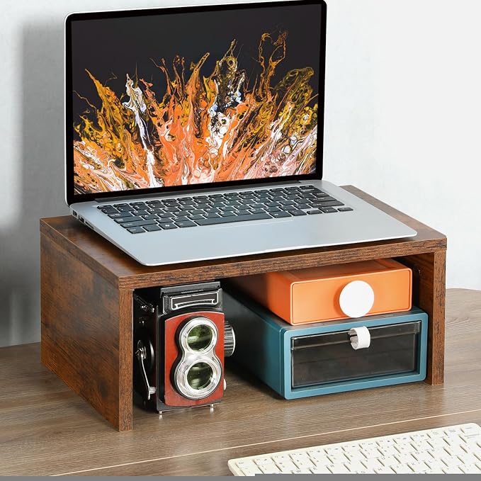 TEAMIX 6.7 inch Tall Monitor Stand Riser, Wood Shelf Riser, Desk Organizer | Laptop/Printer/Computer Stand, Extra Storage Underneath,Hold 80 Lbs, Rustic Design, Smooth Espresso Finish, for Home Office