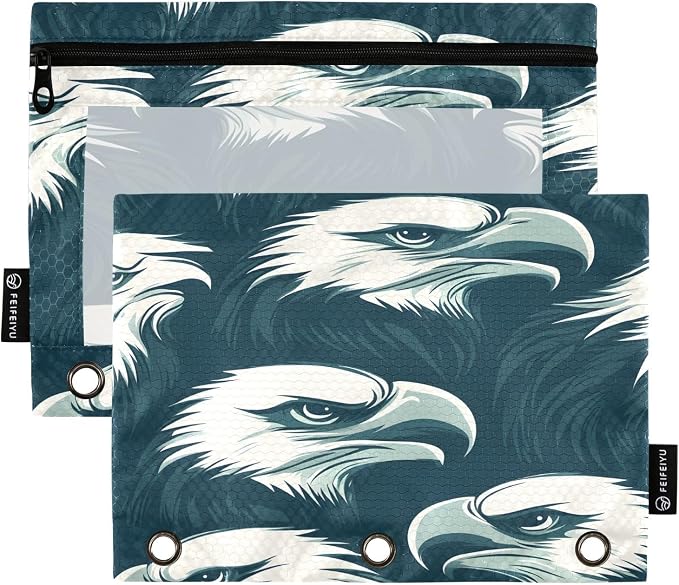 Eagles Head Pencil Pouch for 3 Ring Binder, 2 Pack Waterproof Pencil Bags Clear Window Pencil Case Zipper School Office Supplies