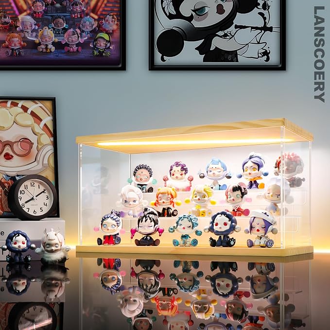 LANSCOERY LED Lighted Acrylic Display Case, 3 Tier Display Box for Collectibles and Action Figures, Clear Dustproof Organizer with Wooden Base – 15.2x6.5x7.5inch