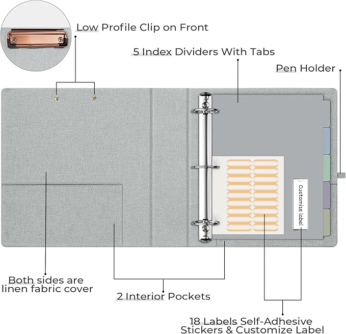 EYROZILL 3 Ring Binder 2 Inch, Binder for Letter Size (11" x 8.5") with 5 Tab Dividers, File Folder Labels and Low Profile Clipboards, Grey Rose