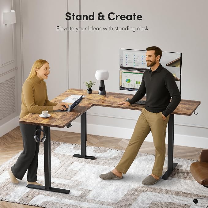 FEZIBO 75" x 63"L Shaped Standing Desk Adjustable Height, Electric Stand up Corner Computer Desk, Sit Stand Home Office Desk with Splice Board, Rustic Brown