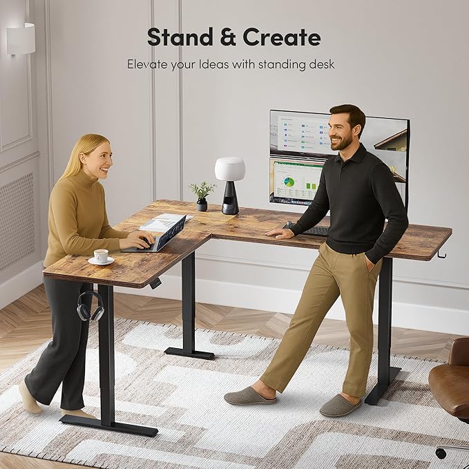 CubiCubi 63“ x 55" L Shaped Standing Desk Adjustable Height, Electric Corner Desk, Sit Stand Home Office Desk with Splice Board, Rustic Brown