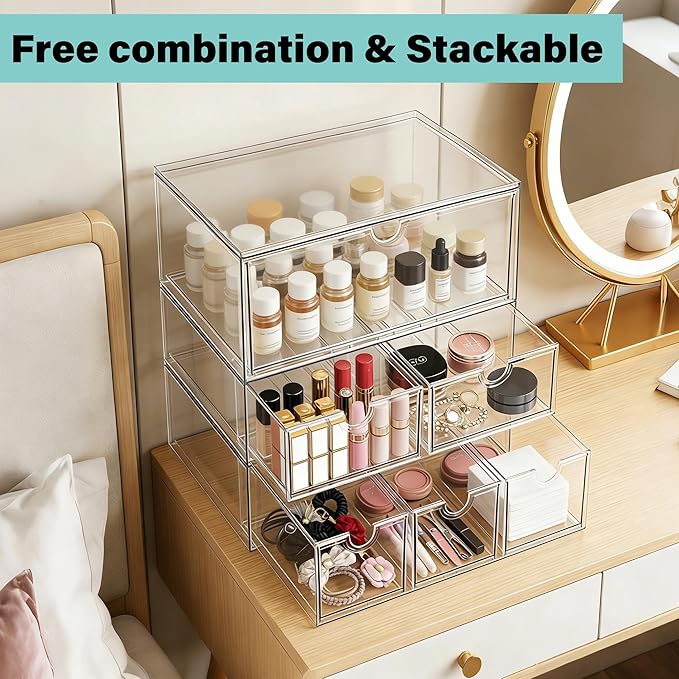 Prsildan Acrylic Storage Drawers Clear Makeup Organizer with 4 Drawers | Transparent, Stackable, For Vanity Bathroom Kitchen Cabinets Office Desk Undersink, Cosmetics Toiletries Home Small Items