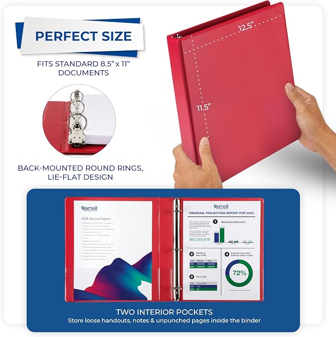 Samsill 1 Inch 3 Ring Binders, Economy Round Ring, Clear View Cover, 200 Sheet Capacity - for School, Home, Office - Red, 4 Pack