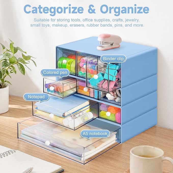 Desk Organizer with 9 Drawers, 4 Tiers Stackable Storage Drawers, Desktop Storage Box with Clear Drawers for Stationery, Makeup, Jewelry, Office and Craft Supplies (Blue)