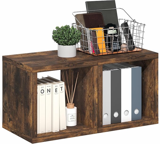 Furinno Cubicle Book Shelf, Set of 2 Stackable Bookshelf, Cube Storage Organizer Bookcase with Open Back, Extra Thick, 15.8 x 15.8 x 14.6, for Living Room, Bedroom, Home Office, Amber Pine