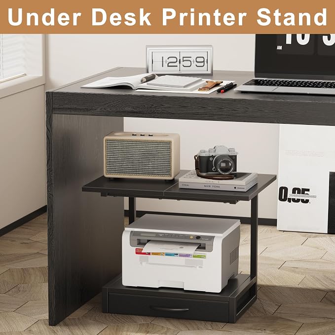 YAOHUOO 2-Tier Desktop Printer Stand with Fabric Drawer,19.6"x14.9" Black | Printer Table with Storage Shelf,Desk Organizer for Home Office,Fit Printer,Fax Machine,Scanner,Space Saving for Two Monitors