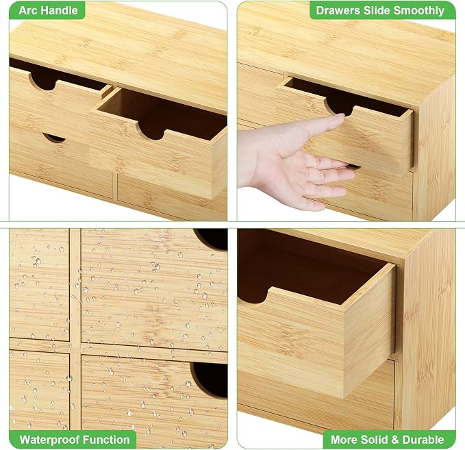 Bamboo Desk Organizer with Drawers, Desktop Storage Box for Office Supplies | 4 Drawers Desktop organizer, No Assembly Required, Natural Wood Wooden Desktop Drawers for Bills, Cosmetics, Seals, Paper