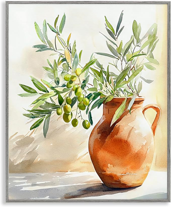 'Olive Branch in Terracotta Vase'| Framed Giclee Art | Stupell Industries | Gray, 11 x 14 Inches, Easy to Hang and Sturdy, Made in USA, by LSR Design Studio