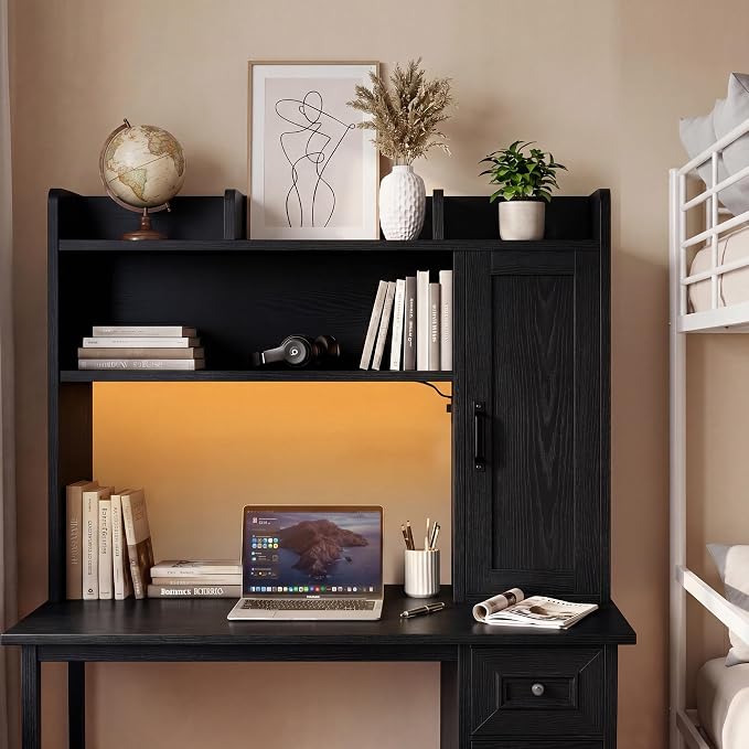 Desktop Storage Shelf, 37.4" Computer Desk Organizer 3-Tier Wood | Desktop Storage Shelf Desk Hutch Dorm with RGB LED Light & Power Outlets for PC Gamers, Office, College Dorm Must Haves-Black