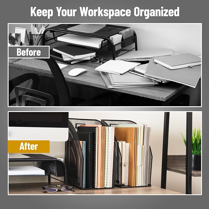 Mind Reader Vertical File Organizers, Desktop File Holders for Folders, Magazines, and Paperwork, Workspace Organizer, Metal Mesh, Set of 2, Black