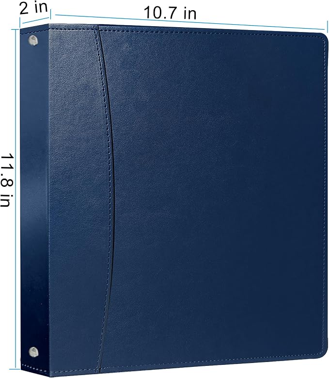 Vintage Faux Leather 3-Ring Binder, 2-Inch Spine, Round Ring, Fits Letter Size 8.5" x 11" Paper, Built-in Interior Pockets, Professional Document Binder (Blue, 2 Inch)