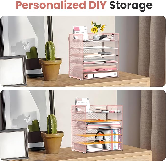 Daltack 6-Tier Paper Organizer for Desk with Handle, Pink | Sturdy Metal Mesh Organizer with Movable Middle Trays and a Carry Handle for Papers, Folders and Office Supplies