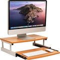 Mind Reader Monitor Stand, Sliding Keyboard Drawer, Laptop, Riser, Office, Wood/Metal, 20"L x 14.75"W x 5.9"H, Brown, Silver