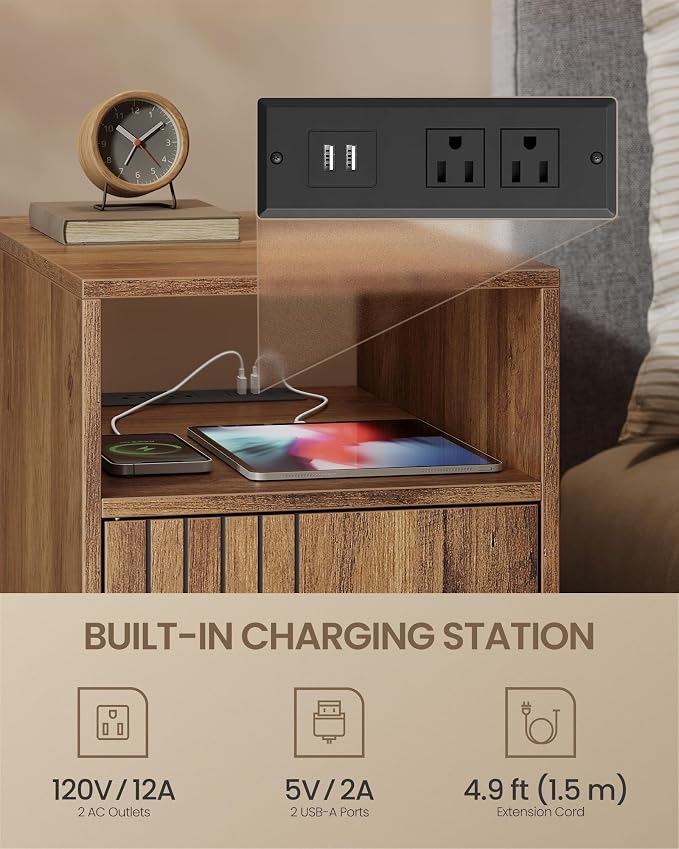 VASAGLE End Table with Charging Station, Narrow Side Table, Nightstand | Tapered Legs, Curved Transitions, for Small Spaces, Living Room, Bedroom, Honey Brown, MAEZO Collection ULET329K101S