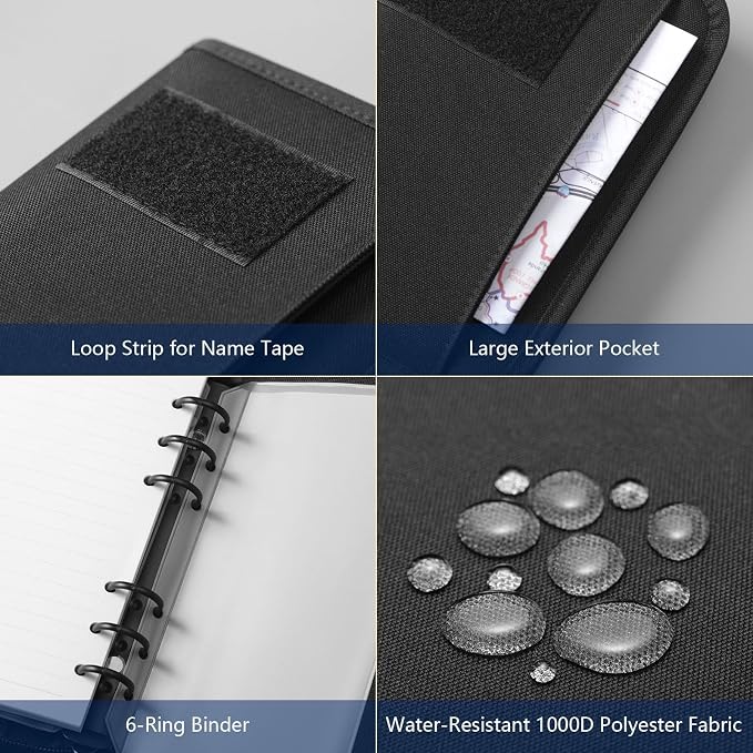 Kosibate Tactical Notebook Padfolio Ring Binders with 45 Sheets,Army Military Notebook Portfolio Binder with Zipper for Tactical Gear and Organizer, Refillable 6-Ring Binder(Black,5.5'' x 8.5'')