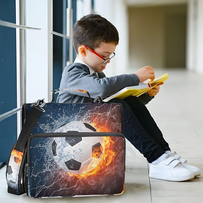 Water Fire Soccer Zipper Binder Bag 3 Ring Binder with Shoulder Strap Zip Up 500 Sheets Capacity Multi Pockets for School Office Supplies