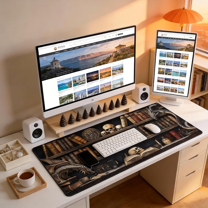Aesthetic Dragon Gaming Mouse Pad, Earth Tone Gothic Desk Mat with Anti-Slip Base & Stitched Edges, Computer Keyboard & Laptop Pad, 35.4" x 15.7" in in Workstation Accessories