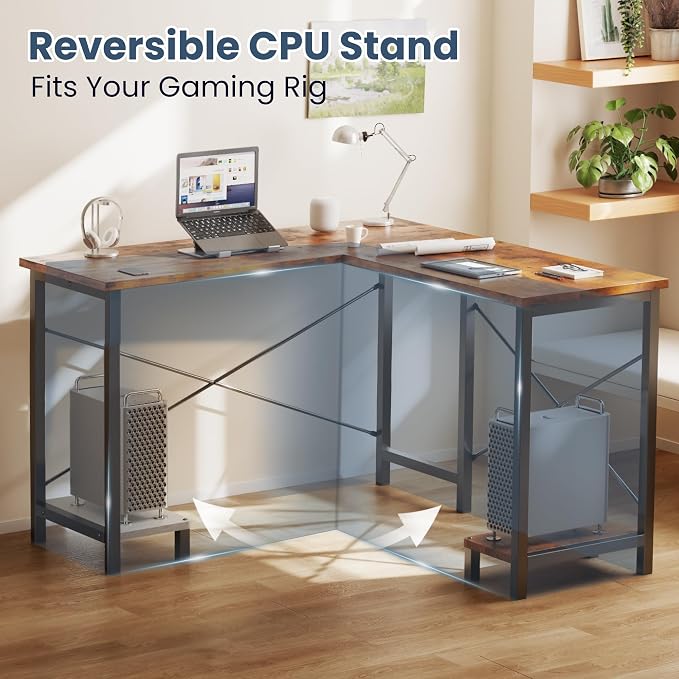 DUMOS 50-Inch Reversible L Shaped Desk with CPU Shelf, Brown | Computer Desk with Sturdy Metal Frame, Corner Gaming Desk, Home Office Desk for Study, Writing and Work, Sturdy Modern Design