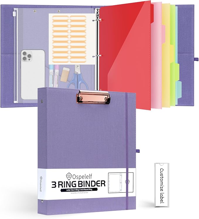 Ospelelf 1 Inch 3 Ring Binder with Dividers and Zipper Pouch, 5 Plastic Folders with 10 Pockets, Linen Hardcover Clipboards with Storage for Letter Size (8.5" x 11"), Purple School Binder