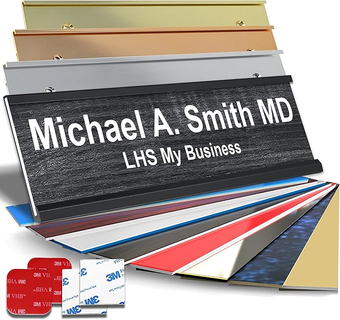 Custom Name Plate with Choice of Mounting for Walls, Doors, Cubicles, Hanging and More - Personalized Carbon Ash Plastic White Letters - USA Made 2x12 - N1