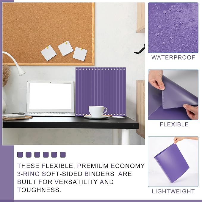 Fulmoon 12 Pcs Economy View 3 Ring Plastic Binder 12.2 x 9.8 Inch Plastic Round Ring Binders with Pockets Notebinder for Meetings for Home, Office, School(Purple, 1/2 Inch)