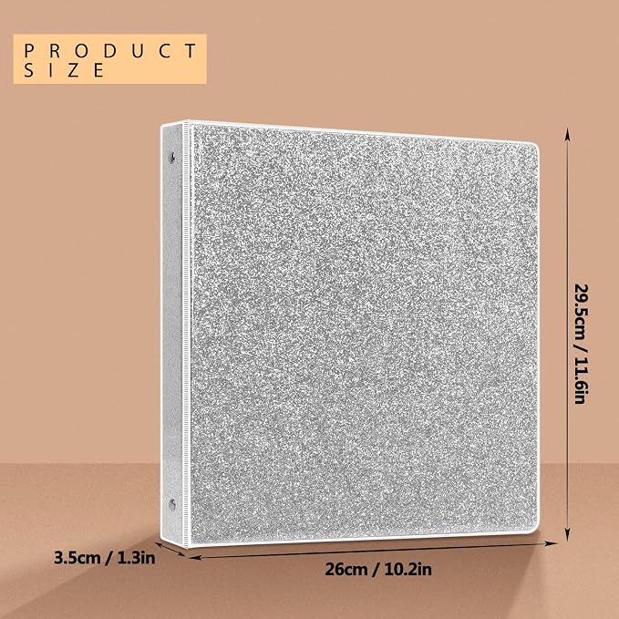 NatureTouch 3 Ring Binder, Glitter 1 Inch Organizer (10.5'' x 11.5'') Holds 8.5’’ x 11’’ Letter Size 300 Pages, Waterproof Durable View Binder, 1 Pack, Silver