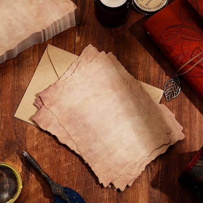 Harloon 100 Pcs Vintage Old Looking Cotton Watercolor Paper Cardstock Blank 200 GSM Thick Antiqued Deckle Edge Virgin Paper for Drawing Writing Printing Invitations Greeting (5x7 Inch)