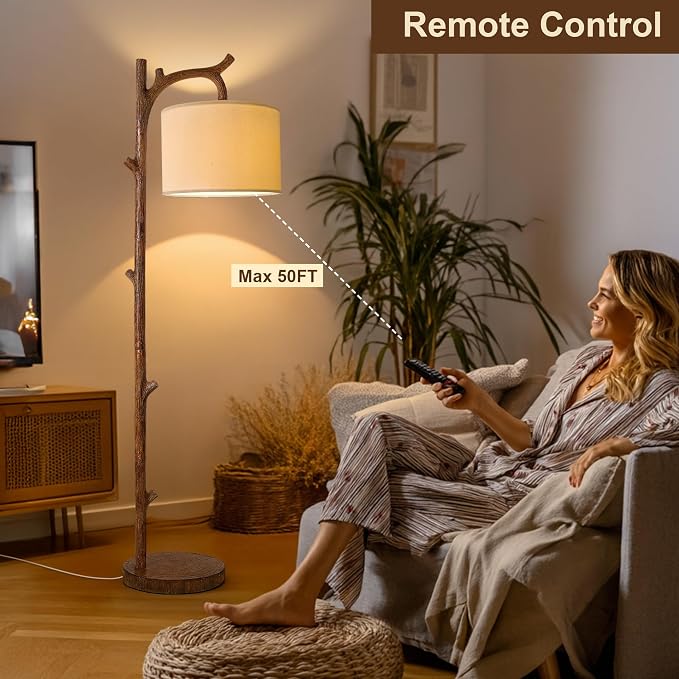 Retro Farmhouse Floor Lamp for Living Room with Remote Rustic Standing Lamps Tree Trunk Deco Modern Country Vintage Wood Floor Lamp（Brown,Bulb Included）