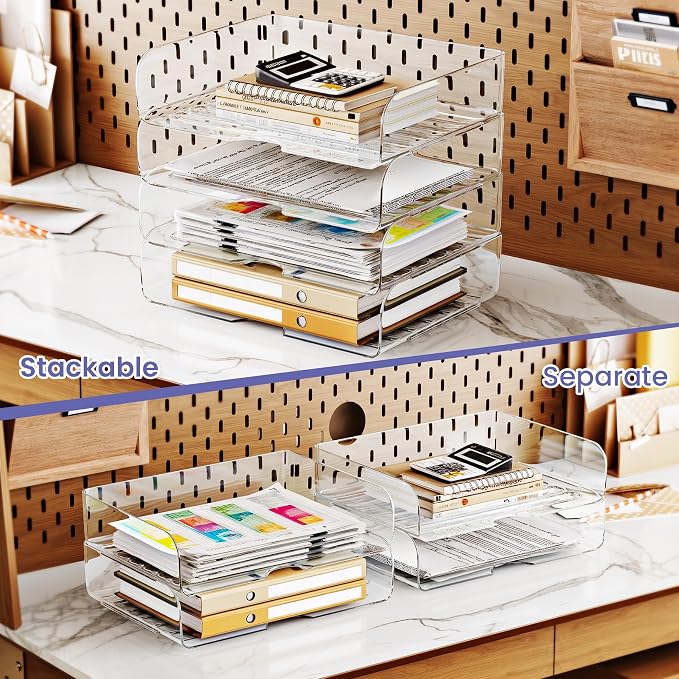 Tomorotec 4 Pack Clear Stackable Letter Tray, A4 Desk File Organizer Set | Durable PET Anti-Skid Base For Home, School Or Office Document Paper Storage. Side Load Access Design, Landscape