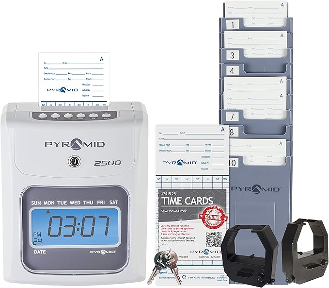 Pyramid Time Systems - 2500 Auto-Aligning Time Clock Bundle [2500K1] | Employee Time Clock, for Small Business, System With 100 Time Cards, 2 Ribbon Cartridges, 10-Slot Rack & Security Keys